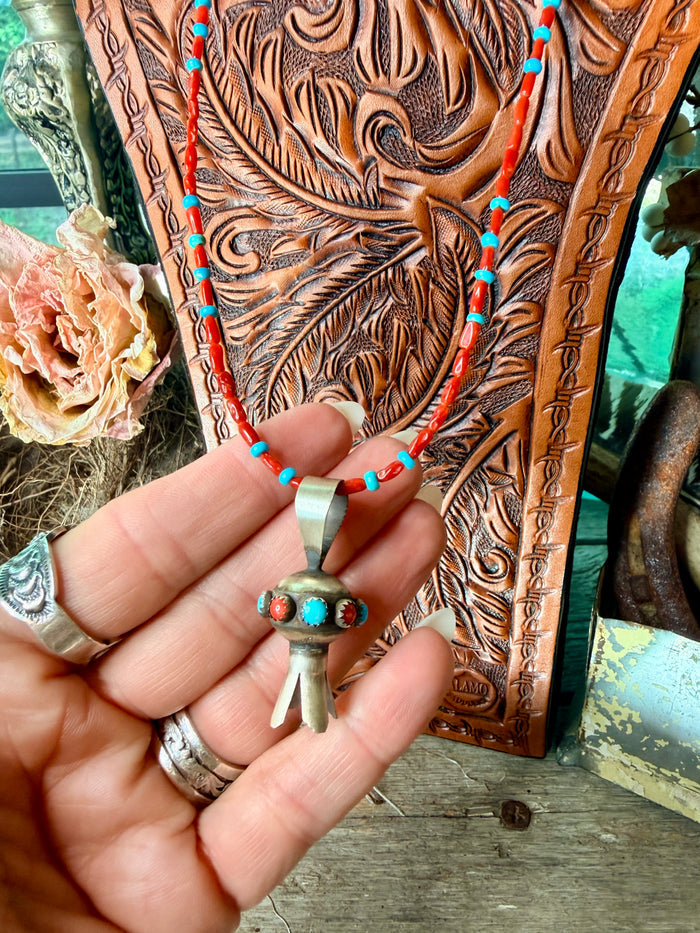 Native Made Squash Blossom Pendant on Beaded Necklace by Monica Smith
