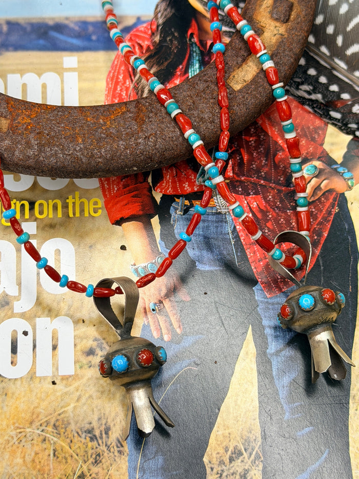 Native Made Squash Blossom Pendant on Beaded Necklace by Monica Smith