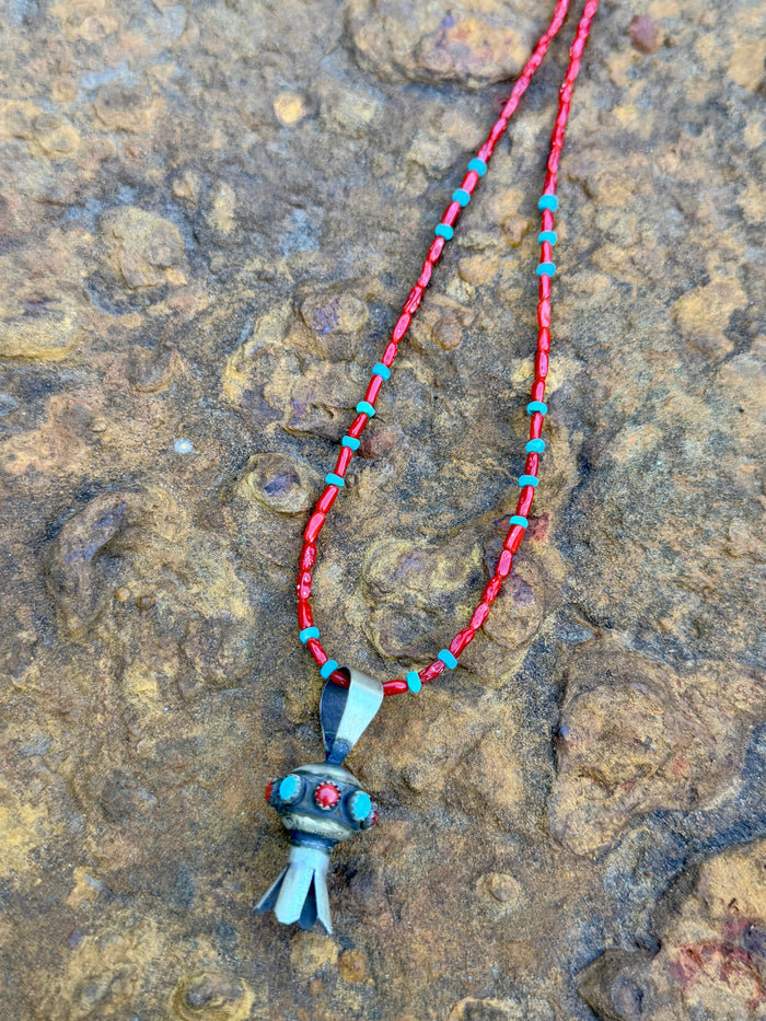 Native Made Squash Blossom Pendant on Beaded Necklace by Monica Smith