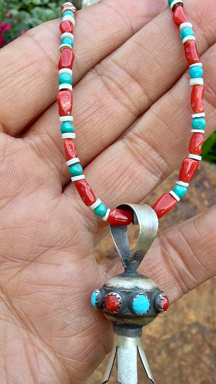 Native Made Squash Blossom Pendant on Beaded Necklace by Monica Smith