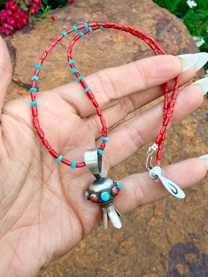 Native Made Squash Blossom Pendant on Beaded Necklace by Monica Smith