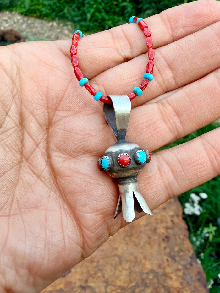 Native Made Squash Blossom Pendant on Beaded Necklace by Monica Smith
