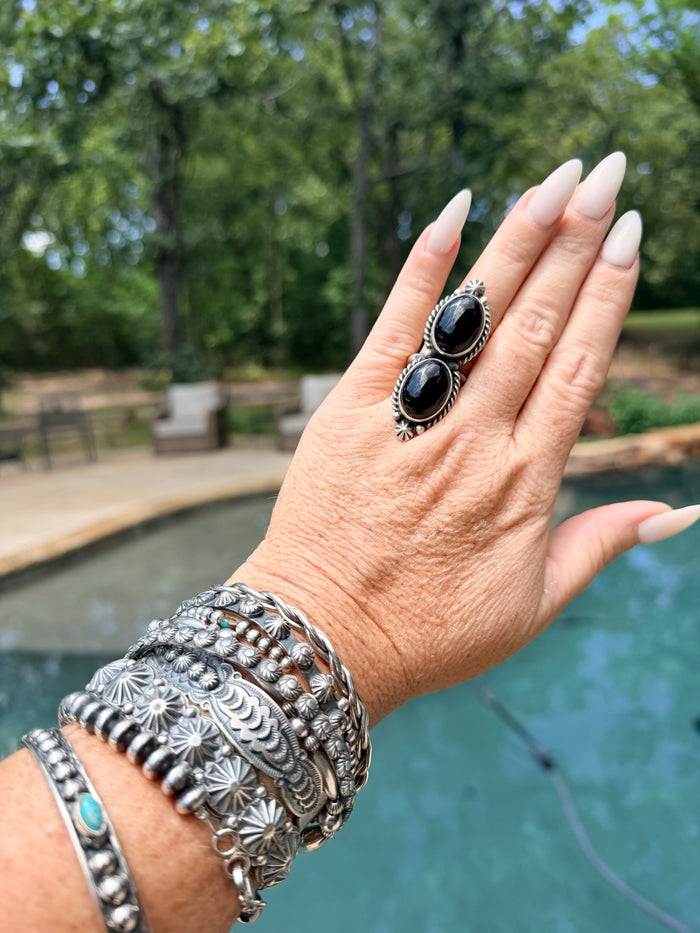 Native Made Sterling Silver Black Onyx Adjustable Ring By Eugene Belone.