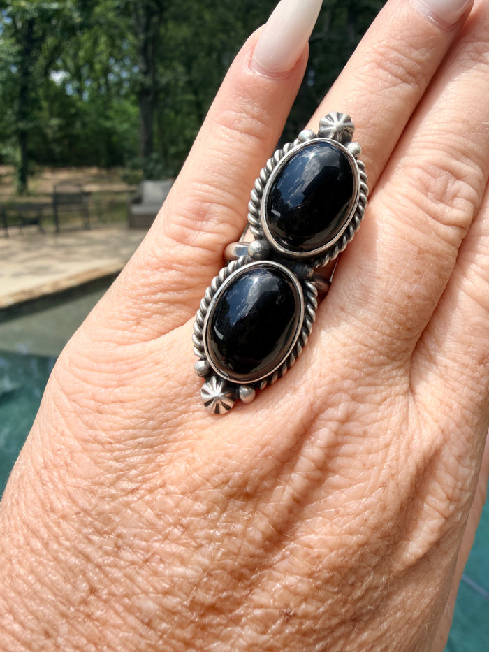 Native Made Sterling Silver Black Onyx Adjustable Ring By Eugene Belone.