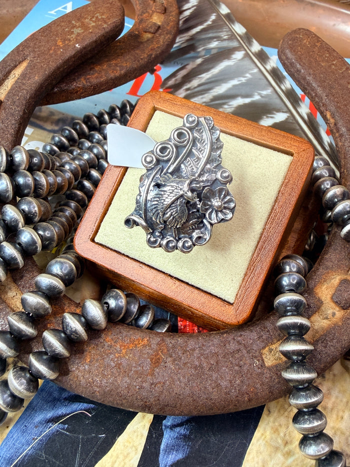 Native Made Sterling Silver Floral and Eagle Ring By Harry B.Yazzie