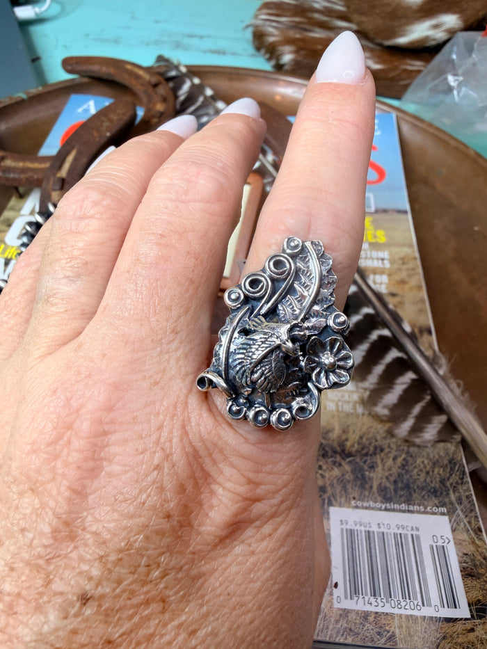 Native Made Sterling Silver Floral and Eagle Ring By Harry B.Yazzie