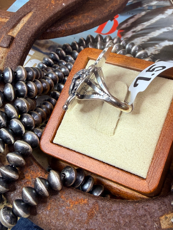 Native Made Sterling Silver Floral and Eagle Ring By Harry B.Yazzie