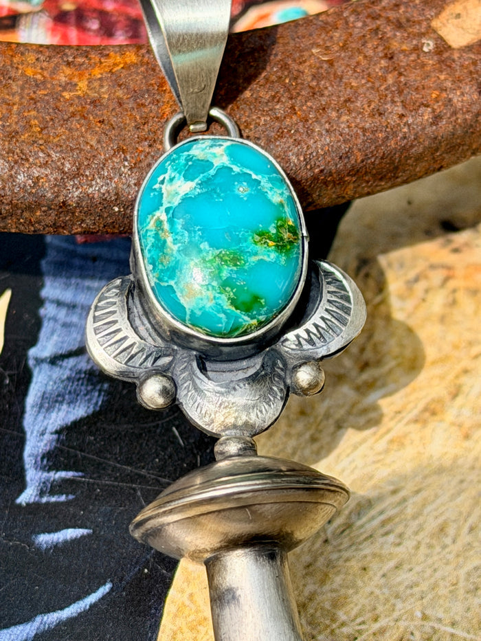 Native Made Sterling Silver & Sonoran
Mountain Turquoise Blossom Pendant by Juanita Long