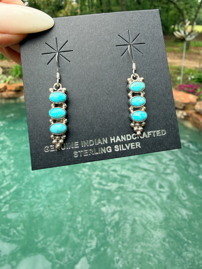 Native Made Sterling Silver Turquoise 3 Stone Dangling Earring's By Gary Shorty.