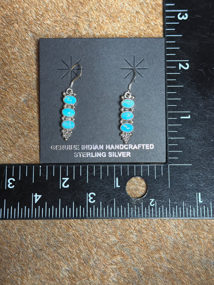 Native Made Sterling Silver Turquoise 3 Stone Dangling Earring's By Gary Shorty.