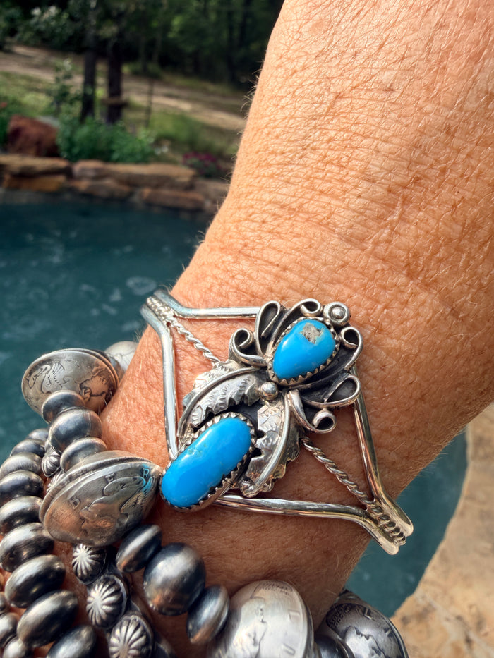 Native Made Sterling Silver Turquoise Bracelet Cuff By Harry B. Yazzie