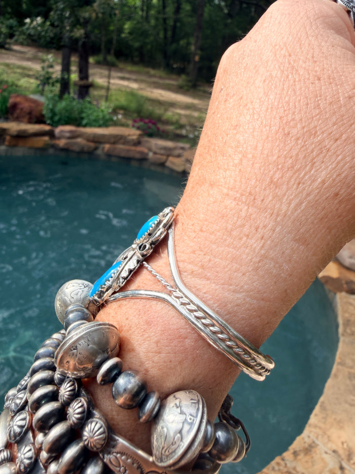 Native Made Sterling Silver Turquoise Bracelet Cuff By Harry B. Yazzie