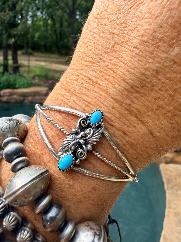 Native Made Sterling Silver Turquoise Cuff for small wrists