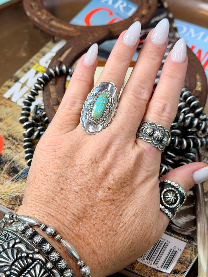 Native Made Sterling Silver Turquoise Ring by Charlene Yazzie, Size 6