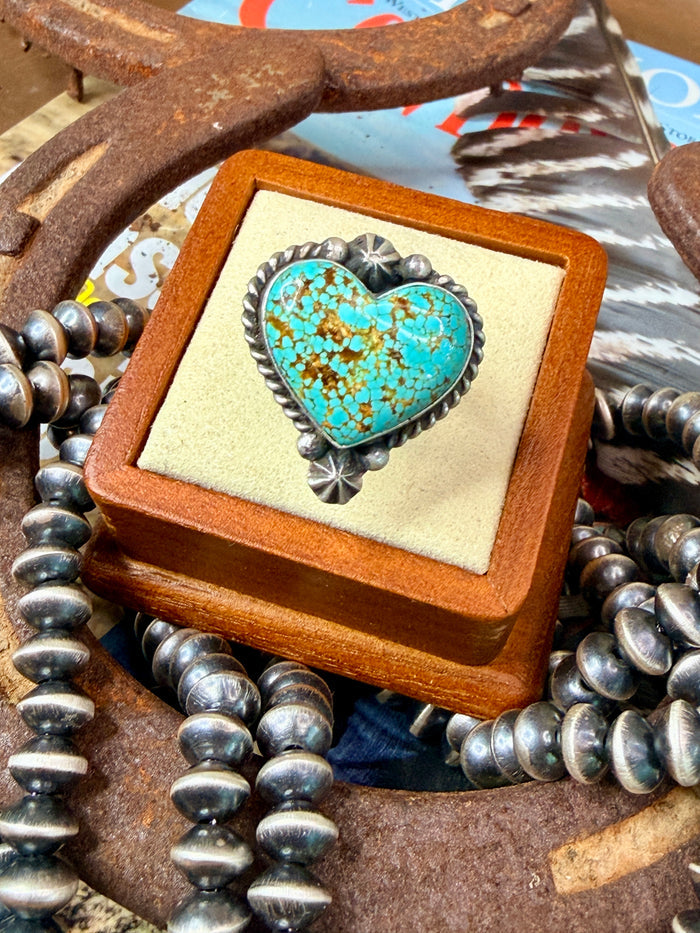 Native Made Stunning Adjustable Turquoise Heart Ring By Johnny Dixon