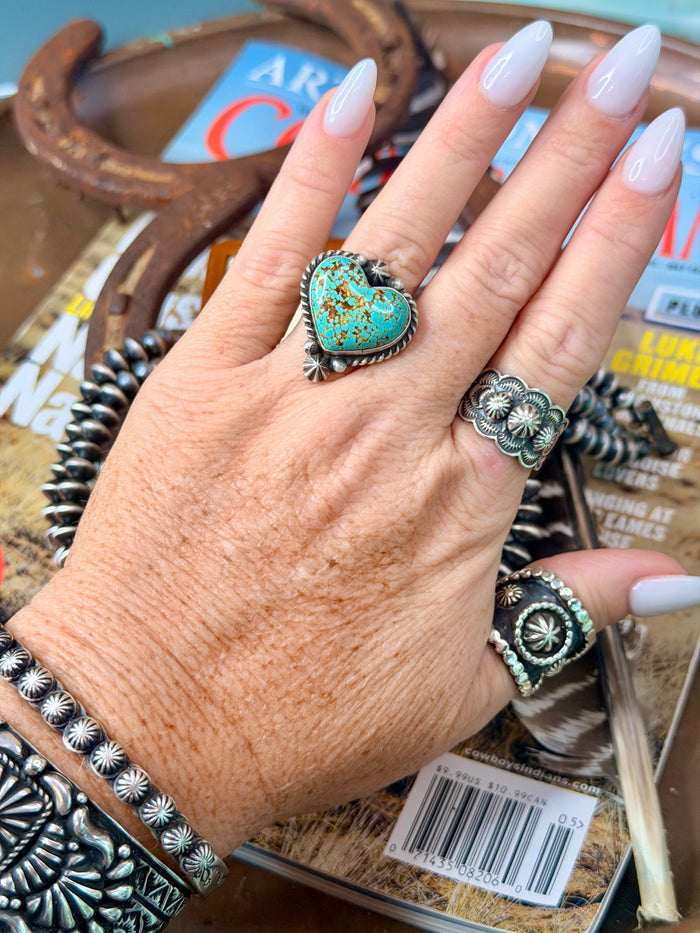 Native Made Stunning Adjustable Turquoise Heart Ring By Johnny Dixon
