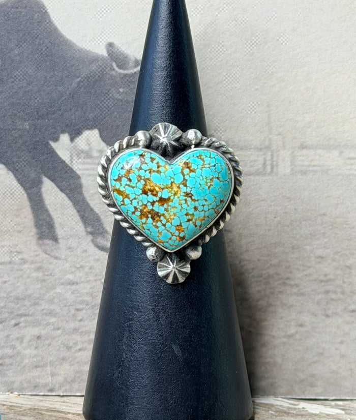 Native Made Stunning Adjustable Turquoise Heart Ring By Johnny Dixon