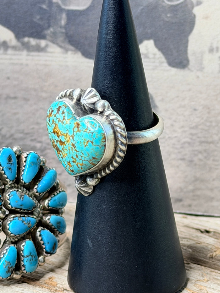 Native Made Stunning Adjustable Turquoise Heart Ring By Johnny Dixon
