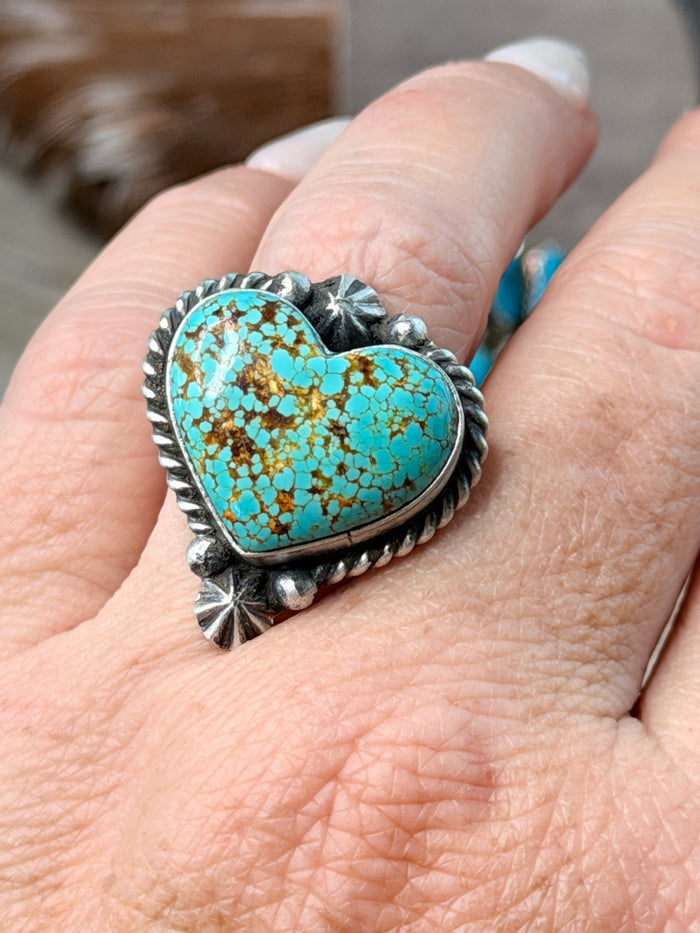 Native Made Stunning Adjustable Turquoise Heart Ring By Johnny Dixon