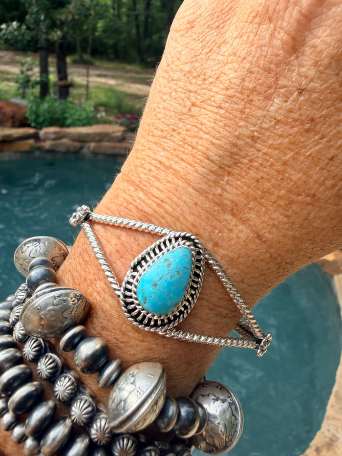 Native Made Teardrop Turquoise Cuff with Rope Design