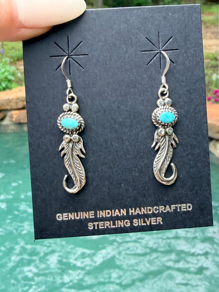 Native Made Turquoise and Silver Feather Earrings