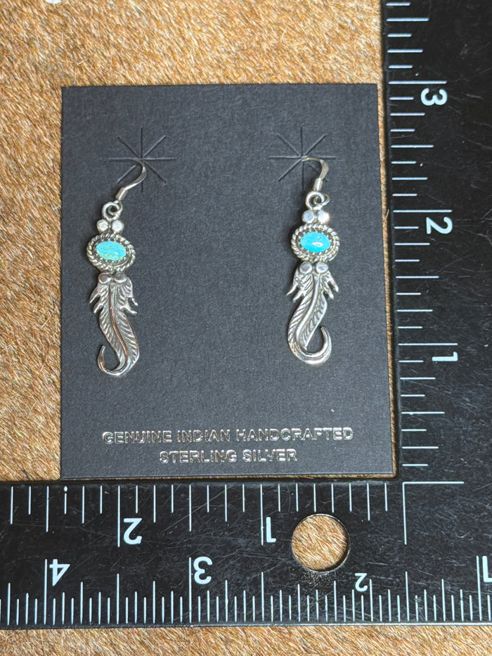 Native Made Turquoise and Silver Feather Earrings