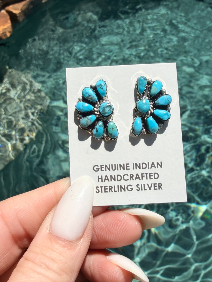 Native Made Turquoise and Sterling Silver Cluster Post Earrings