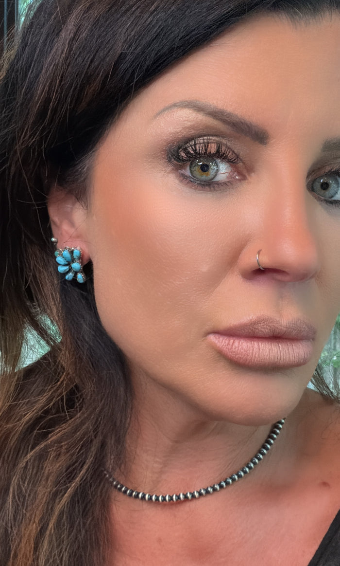 Native Made Turquoise and Sterling Silver Cluster Post Earrings