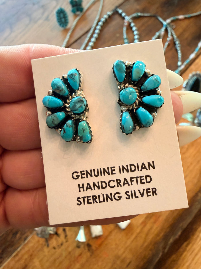 Native Made Turquoise and Sterling Silver Cluster Post Earrings