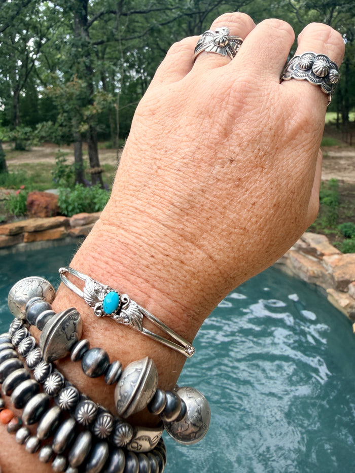 Native Made Turquoise and Sterling Silver Leaf Cuff