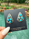 Native Made Turquoise Cluster and Sterling Silver Shield Earrings by M. Chee