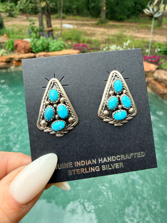 Native Made Turquoise Cluster and Sterling Silver Shield Earrings by M. Chee