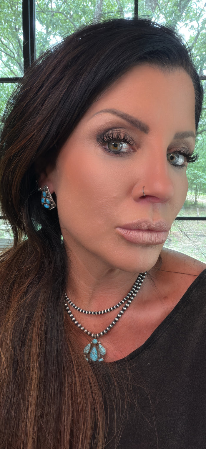 Native Made Turquoise Cluster and Sterling Silver Shield Earrings by M. Chee