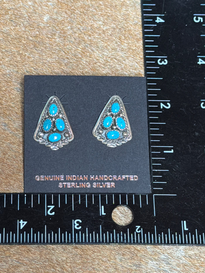 Native Made Turquoise Cluster and Sterling Silver Shield Earrings by M. Chee