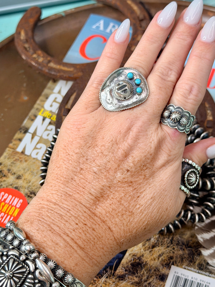 Native Made Turquoise Cowboy Hat Ring by Bobby Platero