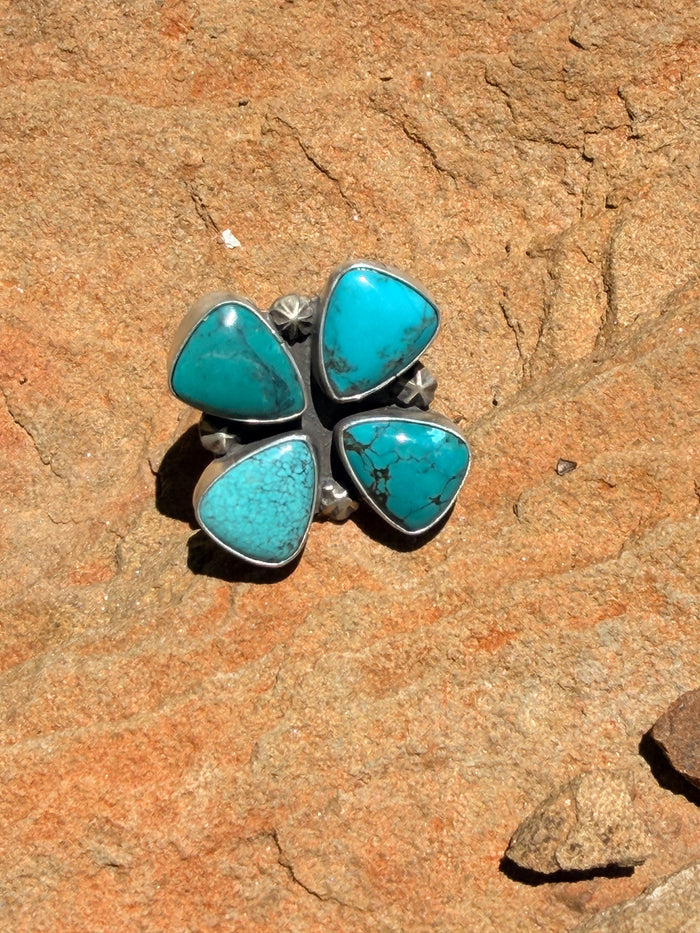 Native Made Turquoise & Sterling Silver Adjustable Cluster Ring