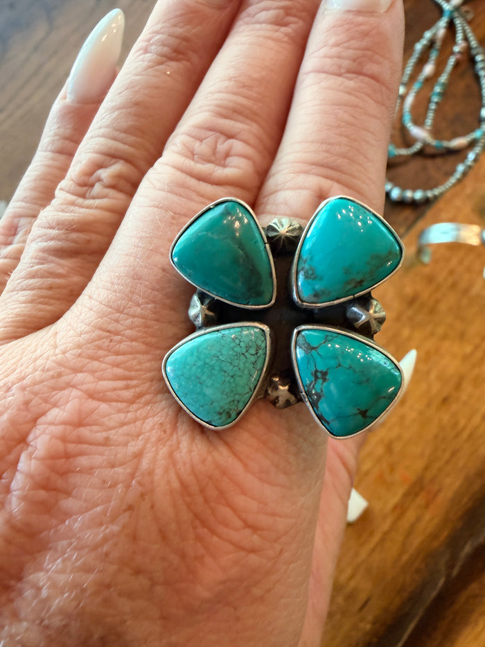 Native Made Turquoise & Sterling Silver Adjustable Cluster Ring