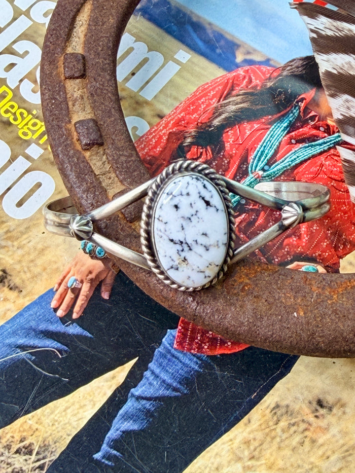 Native Made White Buffalo Oval Sterling Silver Cuff by Donovan Skeets