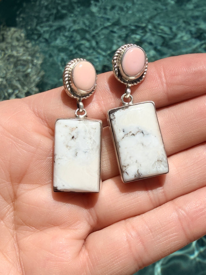 Native Made White Buffalo, Queen Pink Conch & Sterling Silver Dangle Earrings by P Spencer