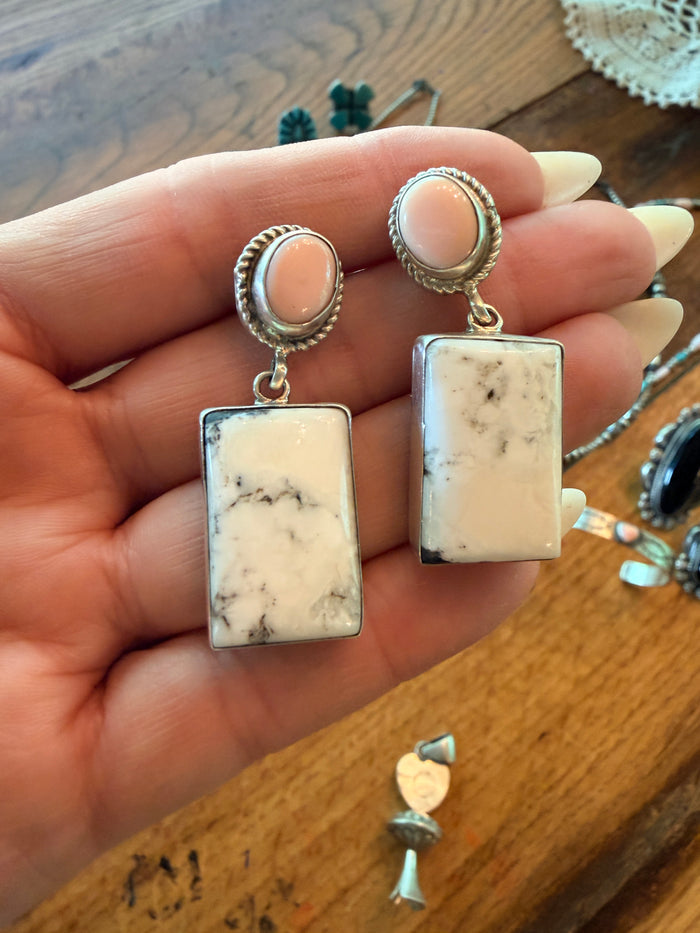 Native Made White Buffalo, Queen Pink Conch & Sterling Silver Dangle Earrings by P Spencer
