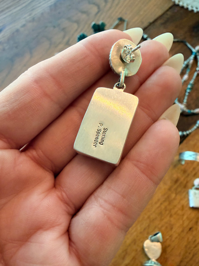 Native Made White Buffalo, Queen Pink Conch & Sterling Silver Dangle Earrings by P Spencer