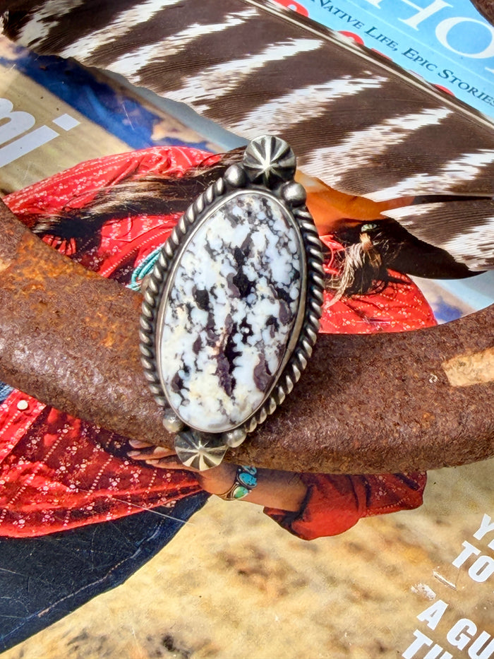 Native Made White Buffalo With Starburst and Rope Detail Adjustable Ring