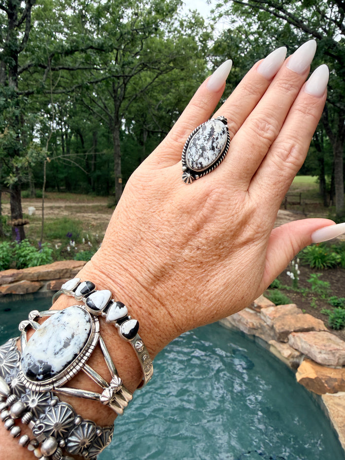 Native Made White Buffalo With Starburst and Rope Detail Adjustable Ring