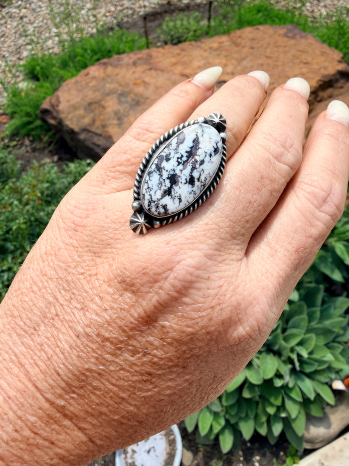 Native Made White Buffalo With Starburst and Rope Detail Adjustable Ring