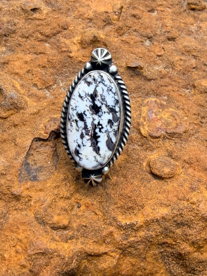 Native Made White Buffalo With Starburst and Rope Detail Adjustable Ring