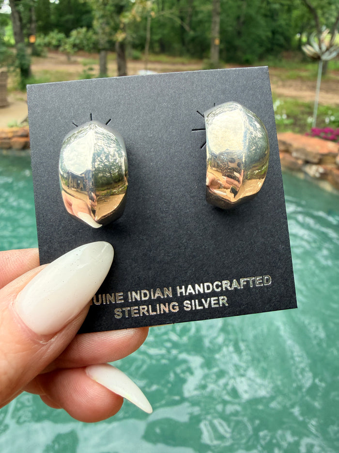 Native Made Wide Silver Half Hoop Post Earrings by Louise BigHand