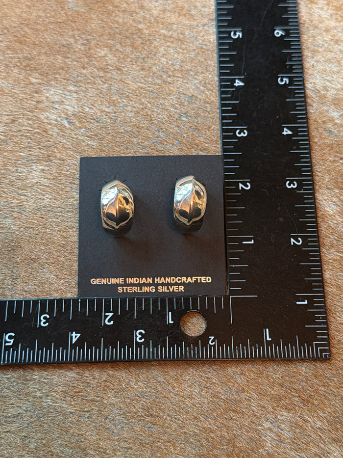 Native Made Wide Silver Half Hoop Post Earrings by Louise BigHand