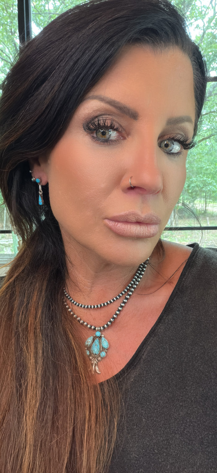 Native Made Zuni Silver Turquoise Tear Drop Earrings
