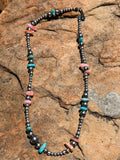 Native Strung, Handcrafted Turquoise, Queen Pink Conch Shell and Sterling Silver Pearl Beaded Necklace 16”