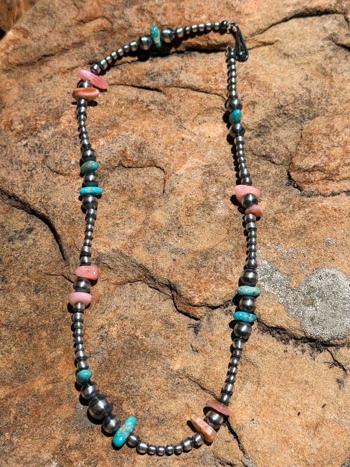 Native Strung, Handcrafted Turquoise, Queen Pink Conch Shell and Sterling Silver Pearl Beaded Necklace 16”